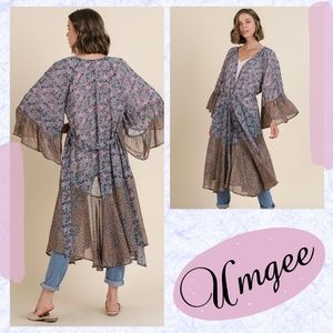 Umgee Mixed Print Bell Sleeves & Tie Front Kimono